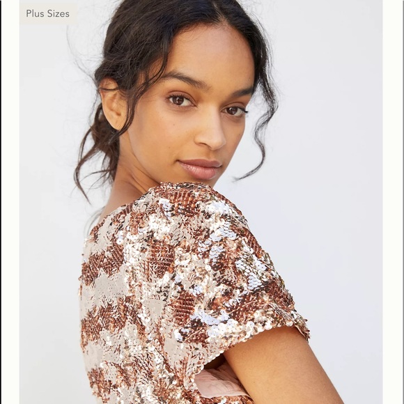 ANTHROPOLOGIE "Maeve" Rose Gold Sequin Tiered Midi Dress - Picture 3 of 12